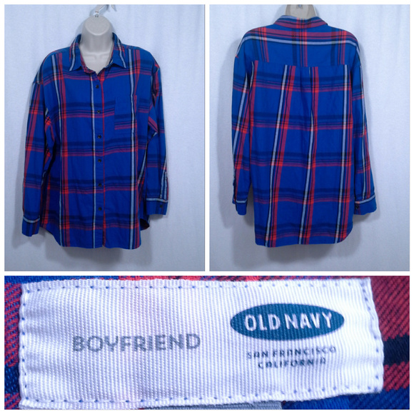 Old Navy Tops - Old Navy Boyfriend shirt Size L Blue Red Plaid Cotton twill Front button